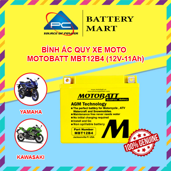 Ắc quy xe moto phân khối lớn MOTOBATT MBT12B4 12V - 11AH, thương hiệu của Mỹ, dùng cho xe  DUCATI, KAWASAKI, YAMAHA, TRIUMPH