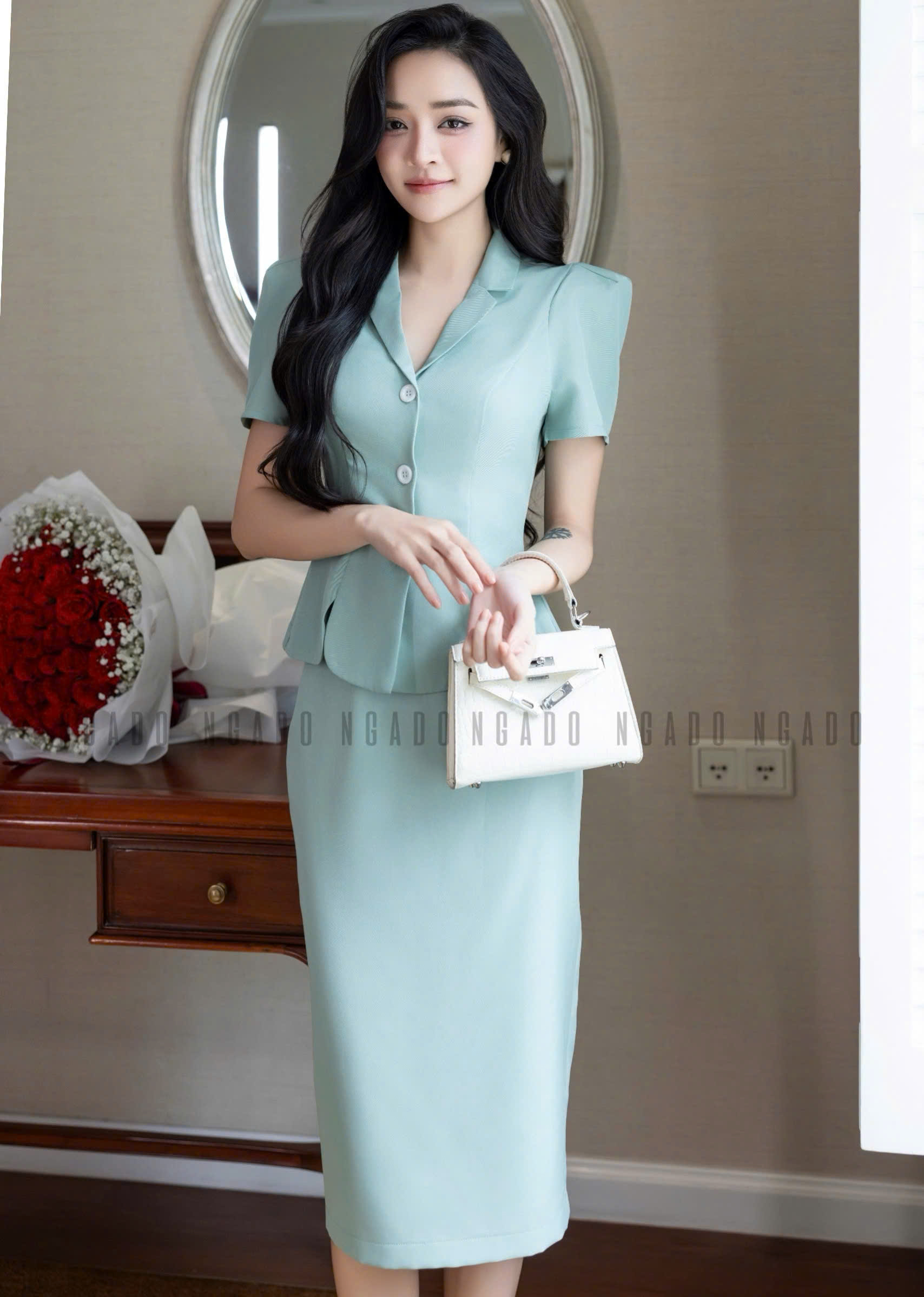 Set áo váy xanh mint bút chì NGADO , set áo váy dài , set công sở