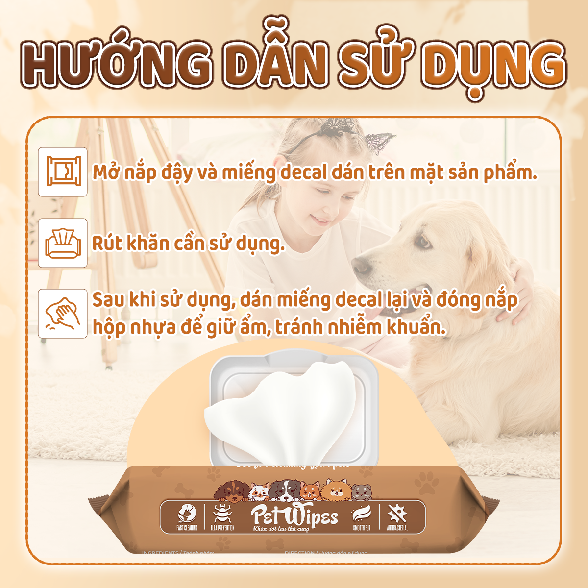 Khăn ướt vệ sinh thú cưng Pet Wipes gói 50 tờ mùi hương tự nhiên vừa làm sạch khử mùi cho chó mèo