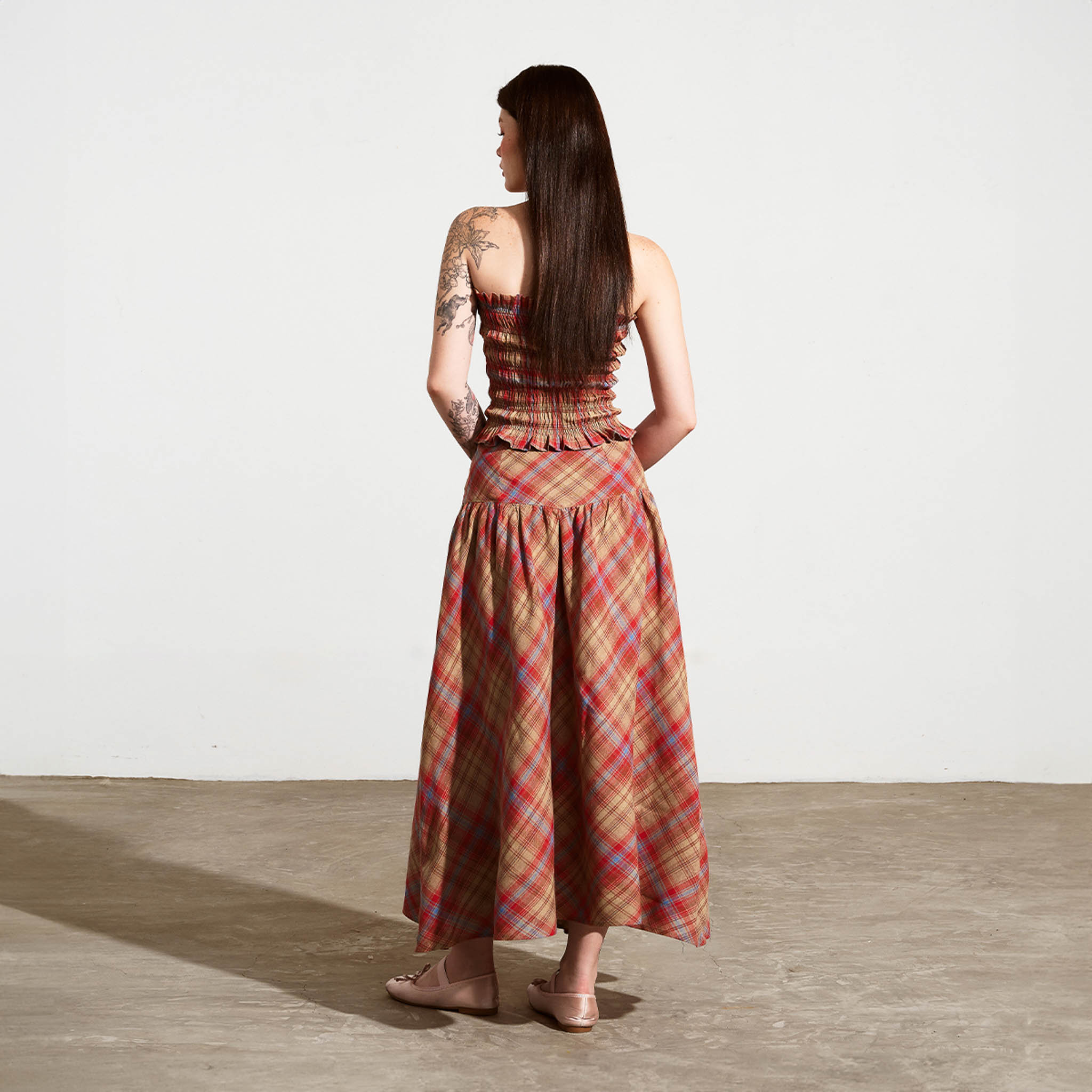 DOTTIE - Áo ống kẻ ô chạy trag trí - Đỏ - T0840