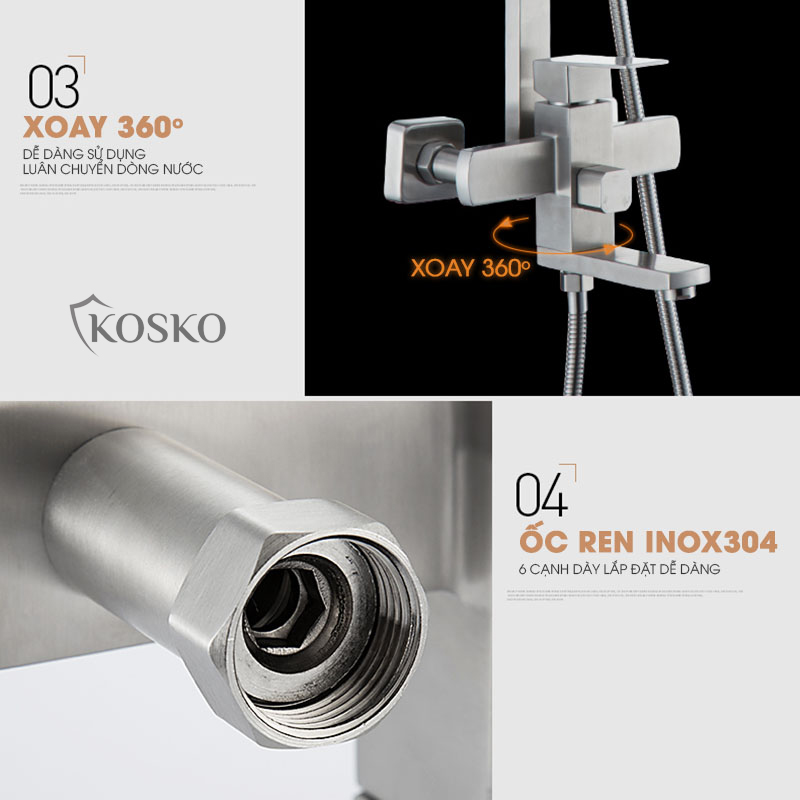 Sen cây tắm đứng nóng lạnh inox 304 KOSKO , sen tắm nóng lạnh vuông