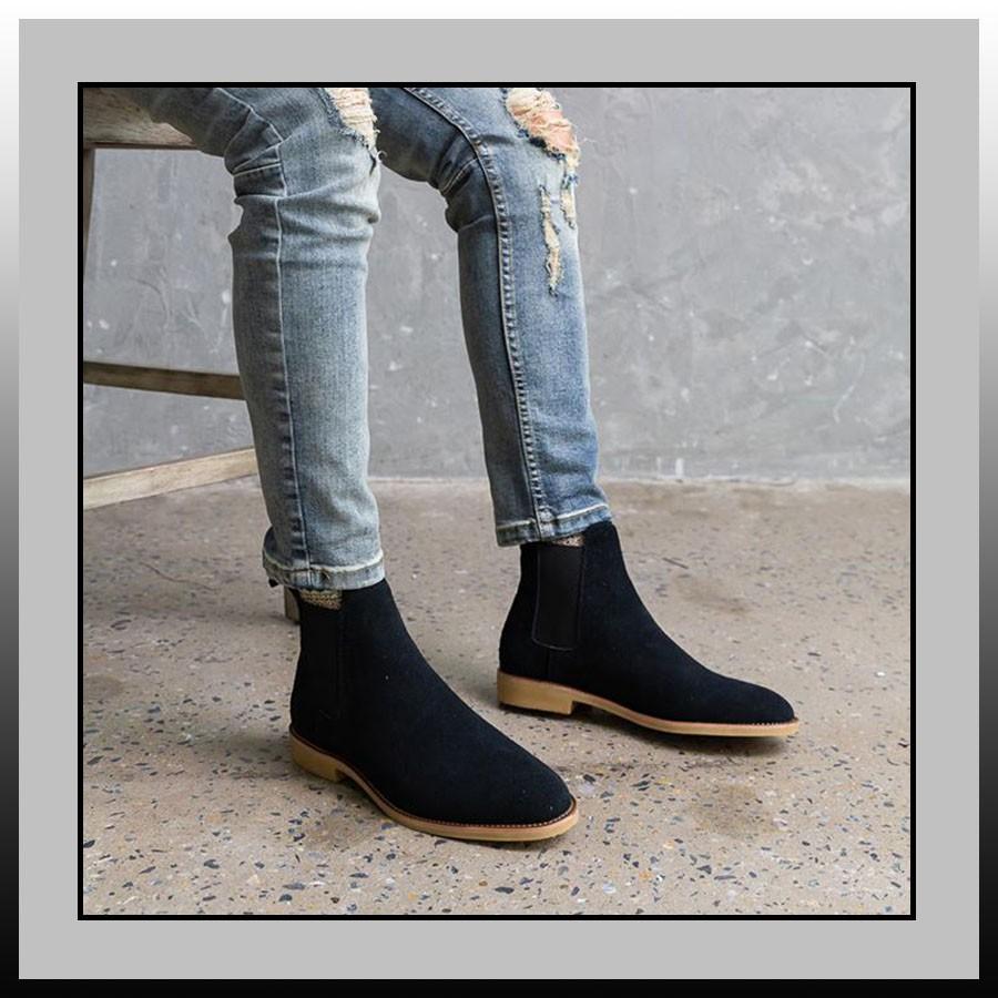 Chelsea Boots Da Lộn Đen Đế Sữa