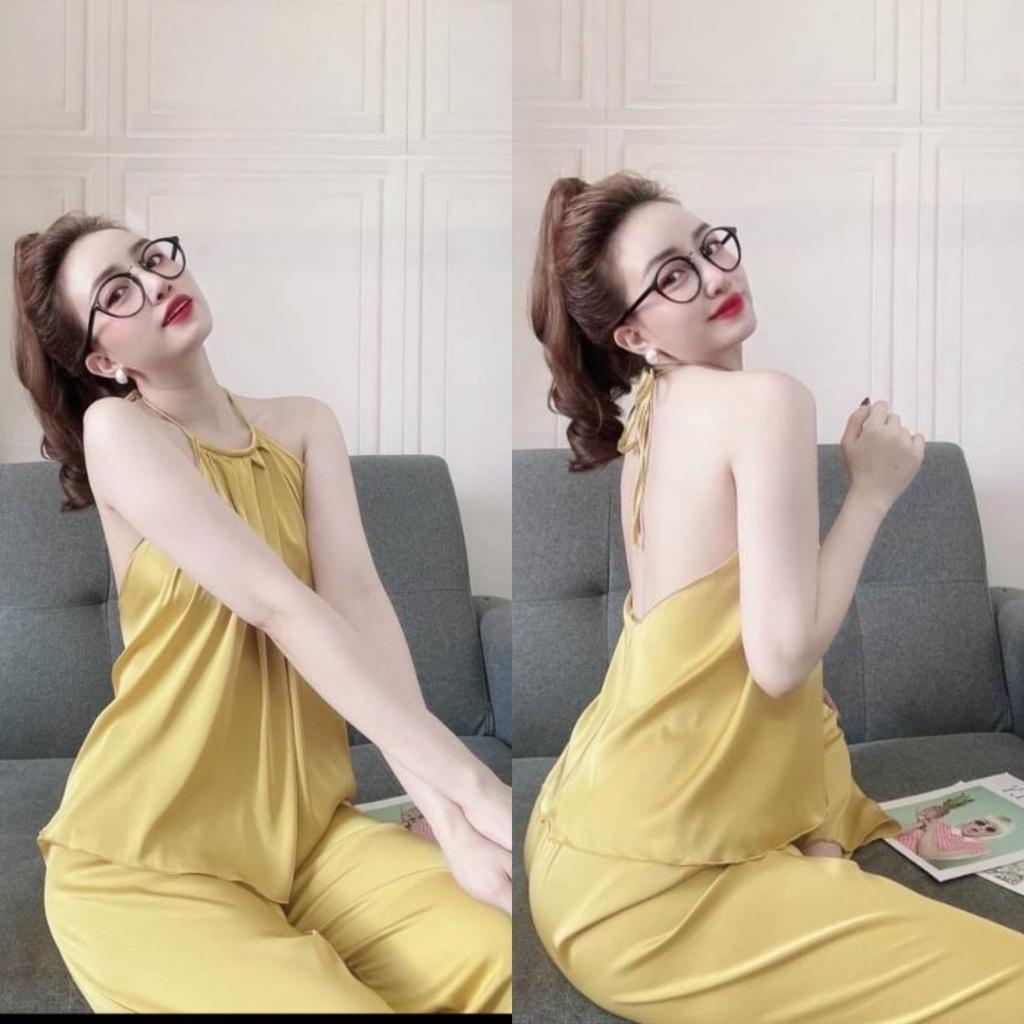 Set bộ quần áo mùa hè, đồ bộ ngủ nữ cổ yếm hở lưng quần dài vải satin