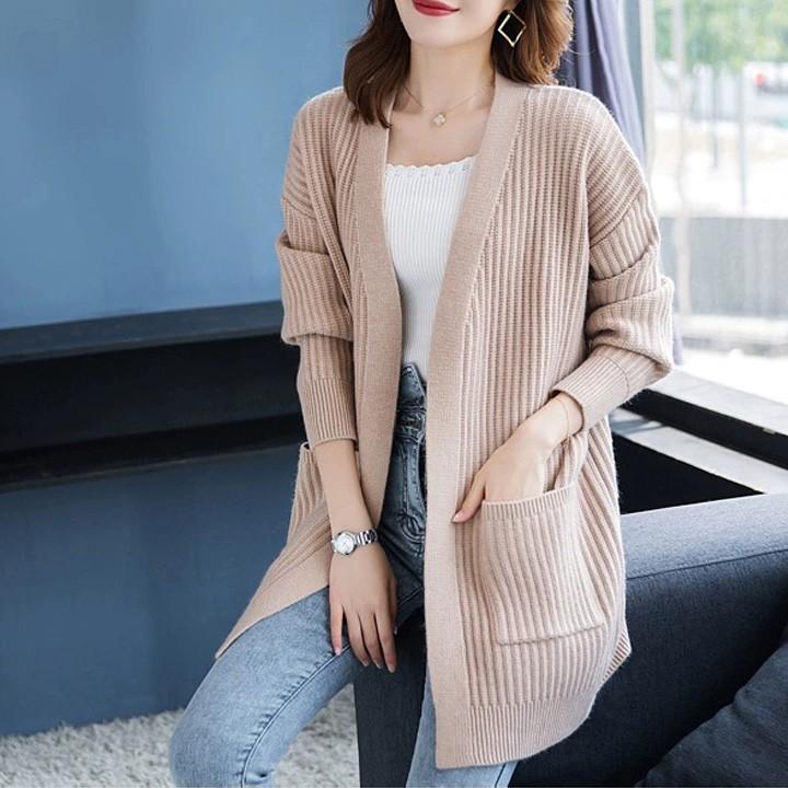 Áo khoác len cardigan dáng dài có túi xinh xắn phong cách Hàn Quốc