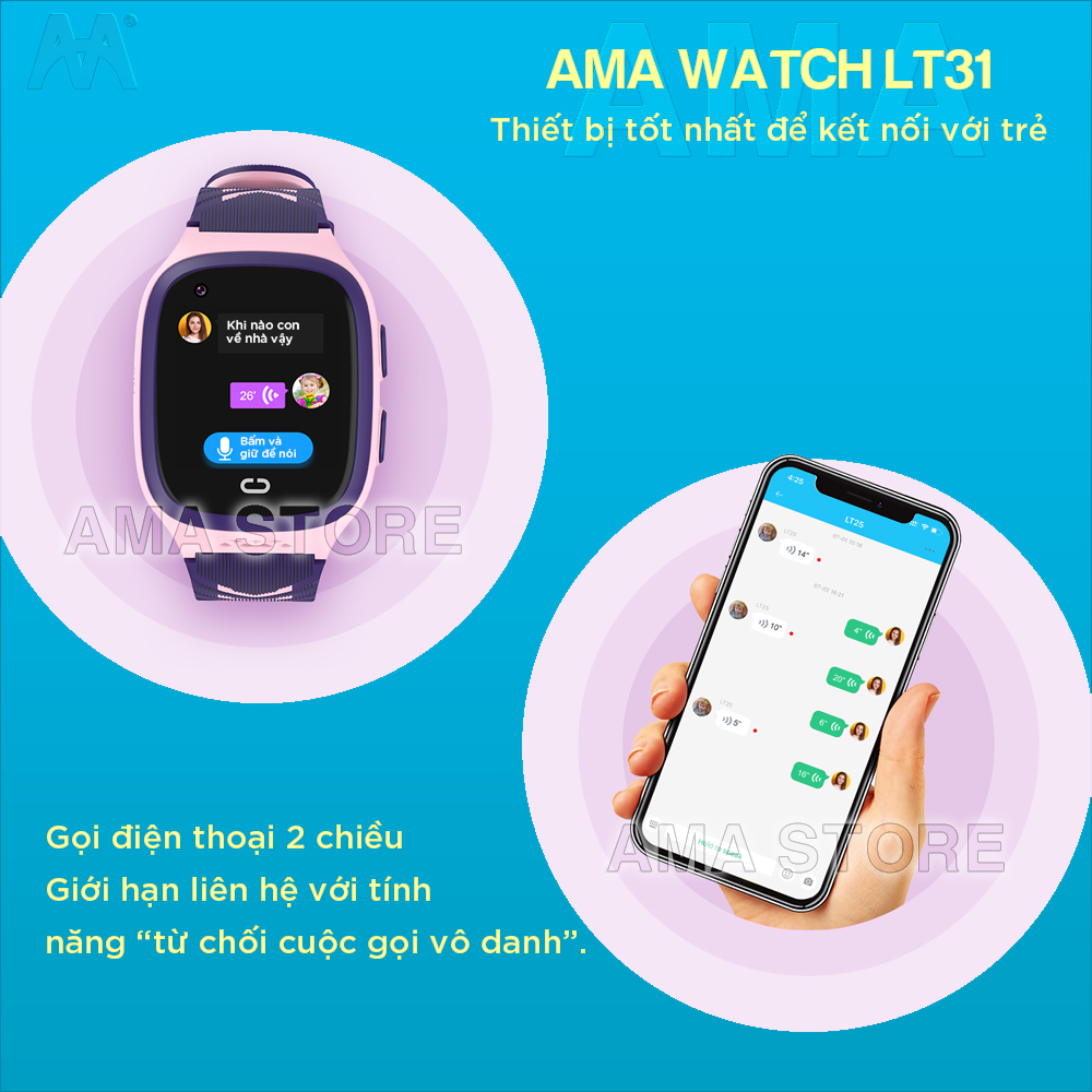 Đồng hồ Trẻ em Thông minh Lắp sim Gọi Video call Chống nước Định vị GPS Wifi AMA Watch LT31 Hàng nhập khẩu