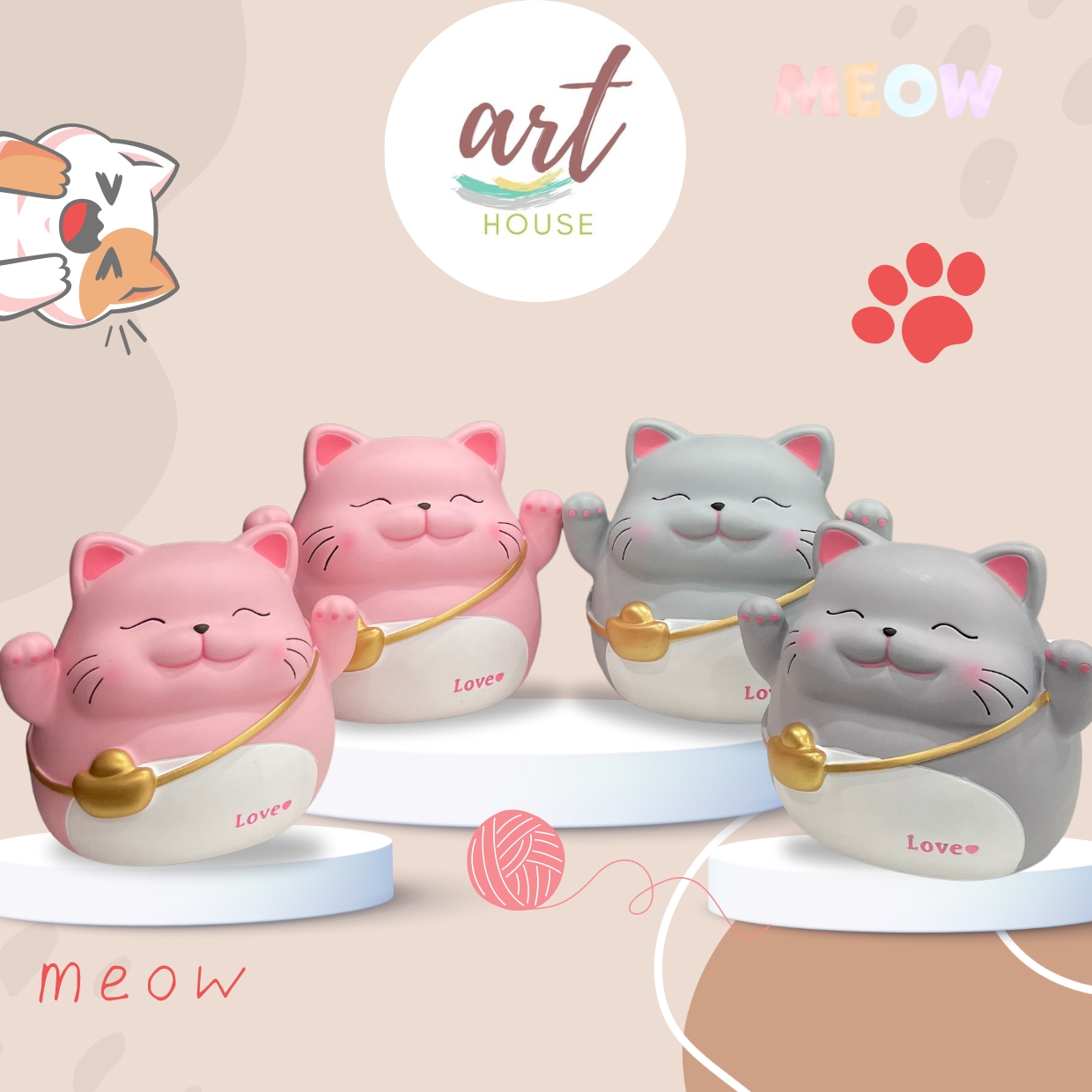 Ống Tiết Kiệm Heo Đất Mèo Đeo Túi Vàng May Mắn Meow Meoww Dễ Thương_ArtHouse