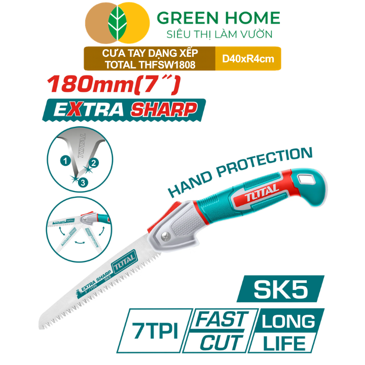 Cưa Tay Dạng Xếp Total THFSW1808 GreenHome, Lưỡi Thép SK5 180mm, Răng Cưa 3 Cạnh, Bền Bỉ, Gấp Gọn