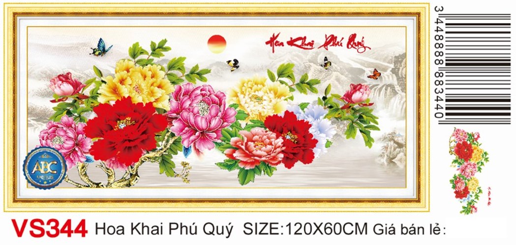 Tranh đính đá hoa khai phú quí VS344 - 120 x 60 cm - chưa đính