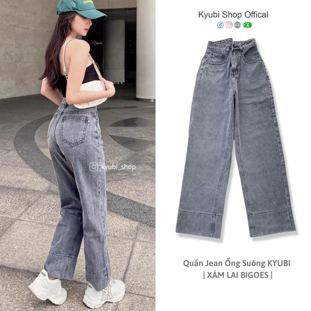 Quần jean nữ lưng cao dáng suông Ulzzang (Có Bigsize) - Quần jeans ống rộng suông cạp cao KYUBI BIGOES