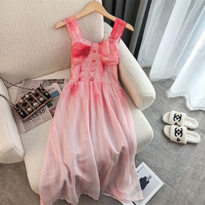 SHUANGYAN Dì hươu Chú Zhuo Bột Halo nhuộm Pháp Vintage xa xỉ Sense Dress Fairy 2023 Mùa xuân và mùa hè