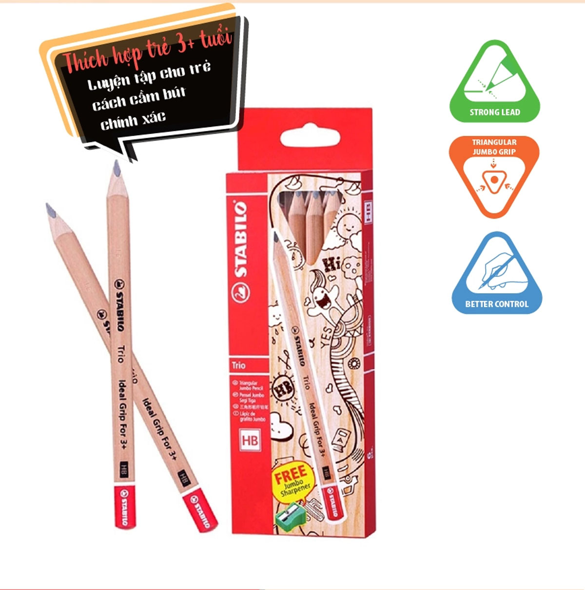 Bộ 36 cây bút chì gỗ STABILO Trio Ideal Grip 3+ (loại 6 cây/hộp) + chuốt chì PSJ4562 x 6 (PCJ362/36)