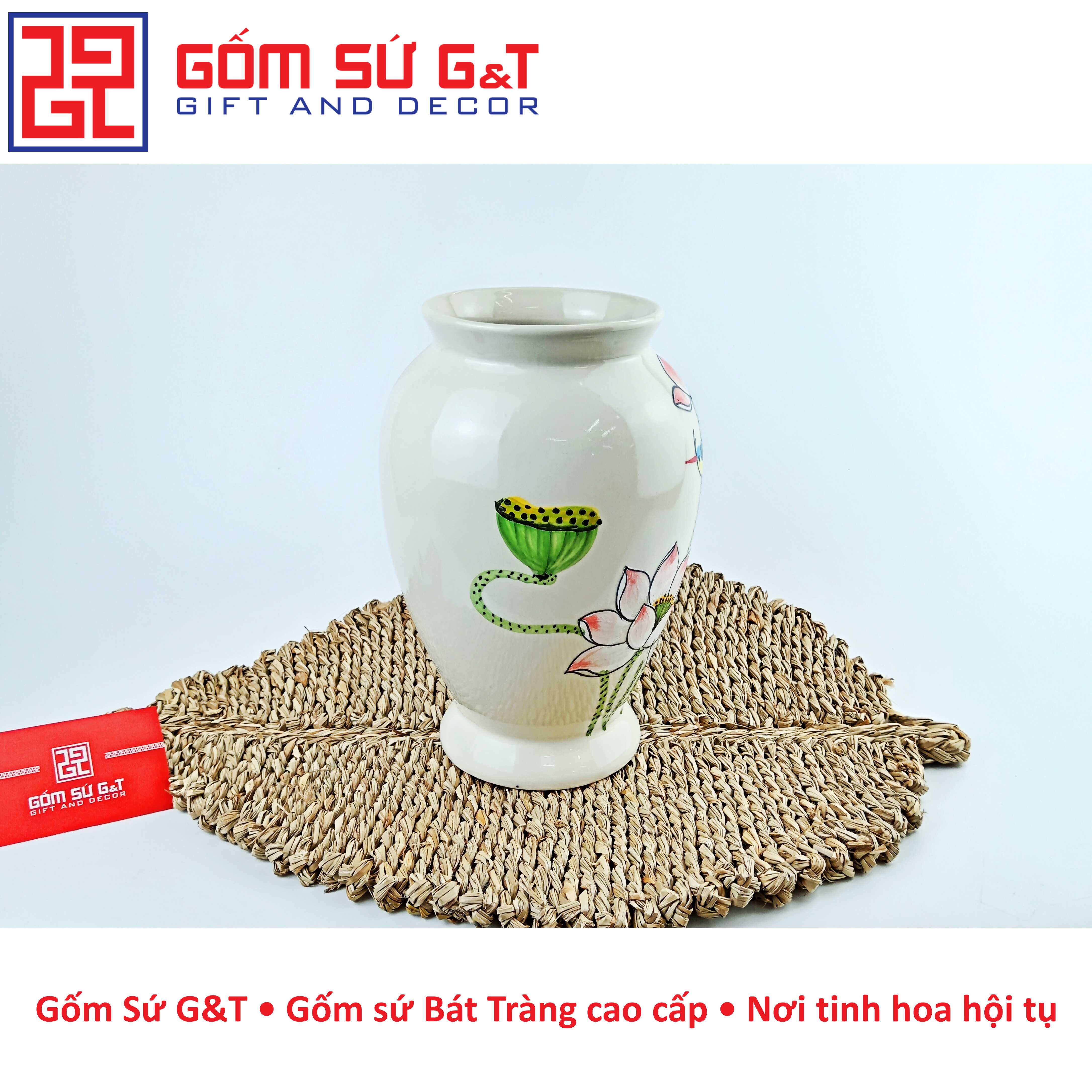 Lọ hoa dáng đùi dế vẽ sen hồng Gốm Sứ G&amp;T