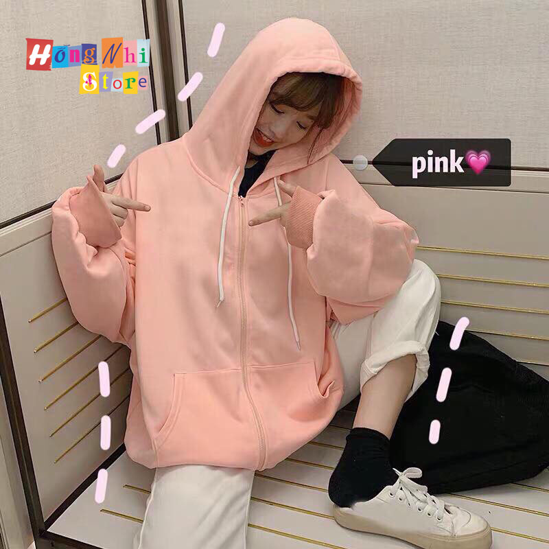 Áo Khoác Hoodie Zip Trơn Oversize Ulzzang Unisex Hoodie Dây Kéo Màu Hồng Dáng Rộng - MM