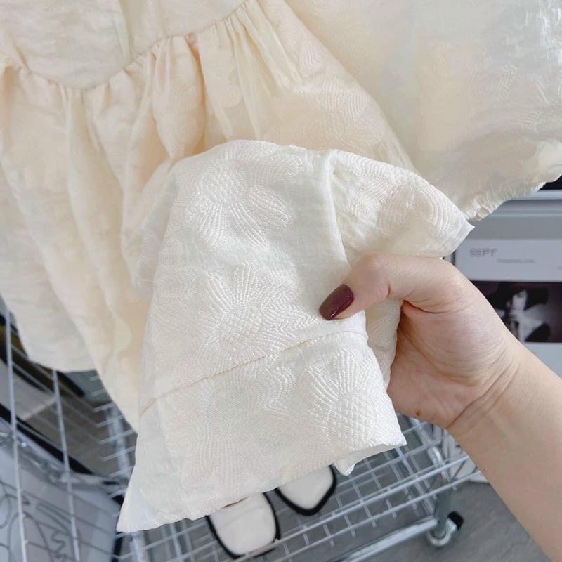 ĐẦM HOA NỔI CỔ TRỤ THẮT NƠ TAY PHỒNG