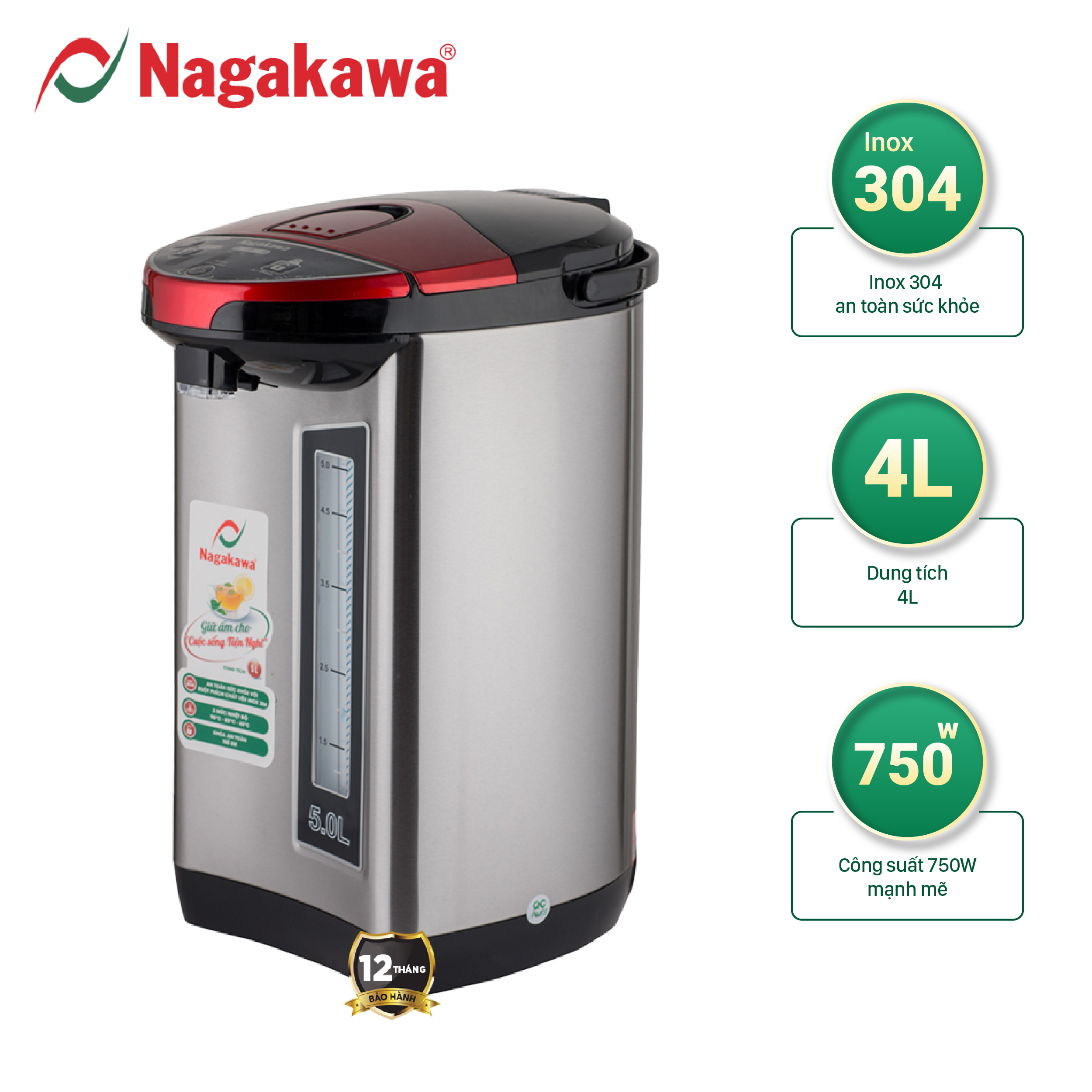 Bình Thủy Điện 3 Mức Nhiệt Nagakawa NAG0405 (5.0 Lít) - Hàng Chính Hãng