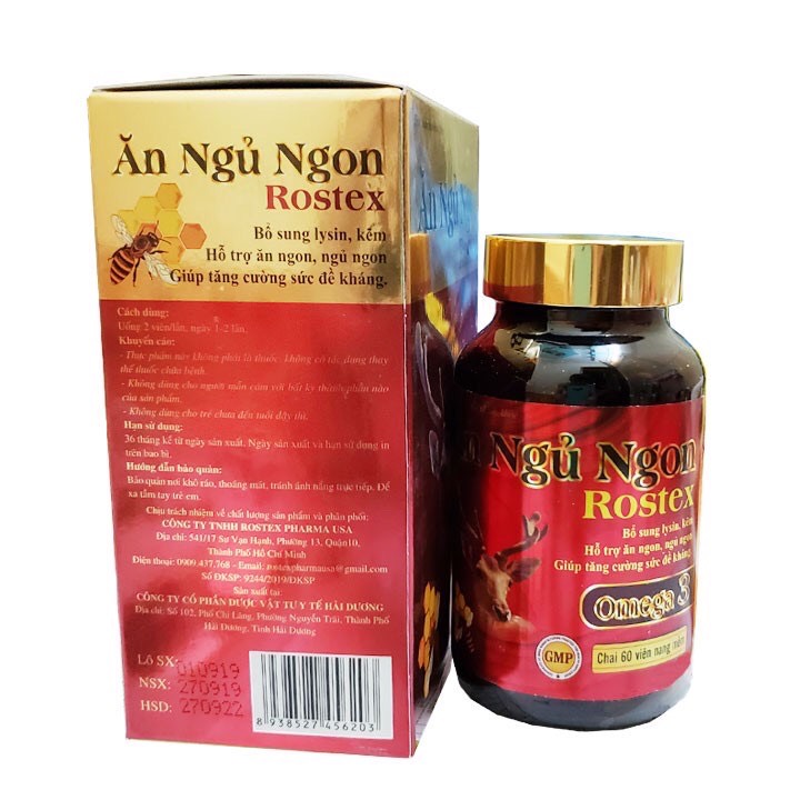 Viên Ăn Ngủ Ngon Rostex Omega 3, lysin, kẽm tăng sức đề kháng, tăng sức khỏe - Chai 60 viên