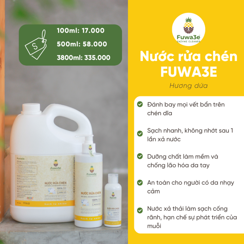 Nước rửa bát hữu cơ Fuwa3e organic Enzyme sinh học 500ml an toàn cho bé bảo vệ da tay