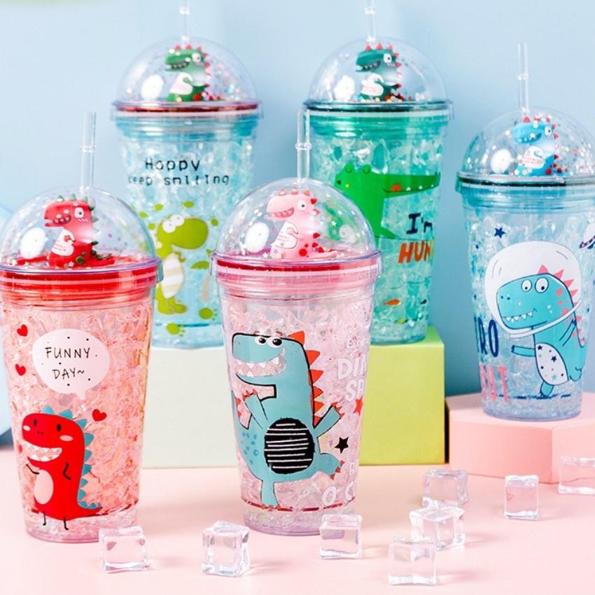 LY ĐỰNG NƯỚC PHA LÊ HÌNH KHỦNG LONG 2 LỚP CÁCH NHIỆT 450ML XINH XẮN KÈM ỐNG HÚT TIỆN LỢI