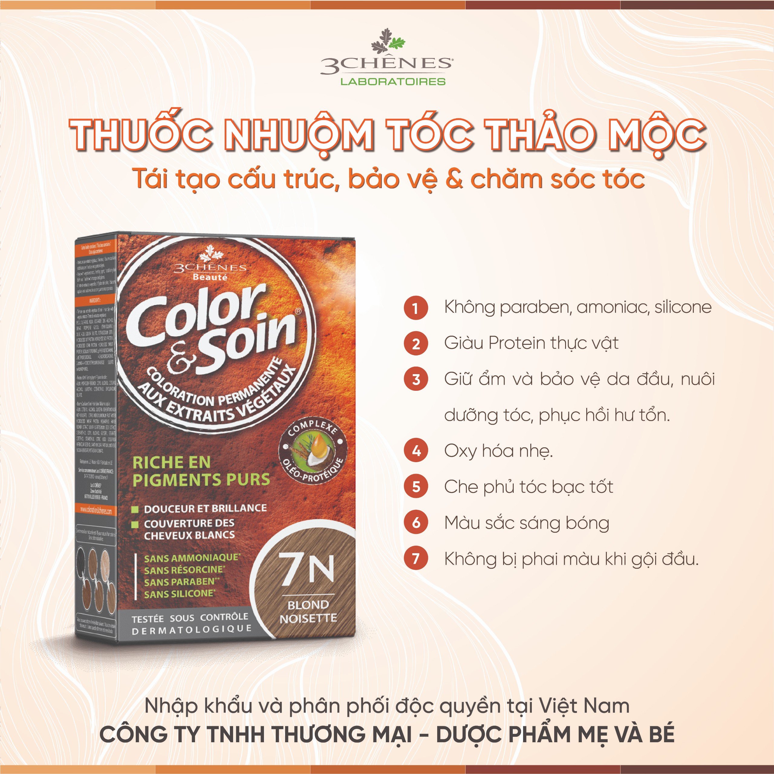 Thuốc Nhuộm Tóc Phủ Bạc 3 CHENES COLOR&amp;SOIN HAZELNUT BLOND 7N_MÀU VÀNG NÂU ÁNH KIM_Thảo dược Tự nhiên, An toàn Không chứa Amoniac [Nhập khẩu Pháp]