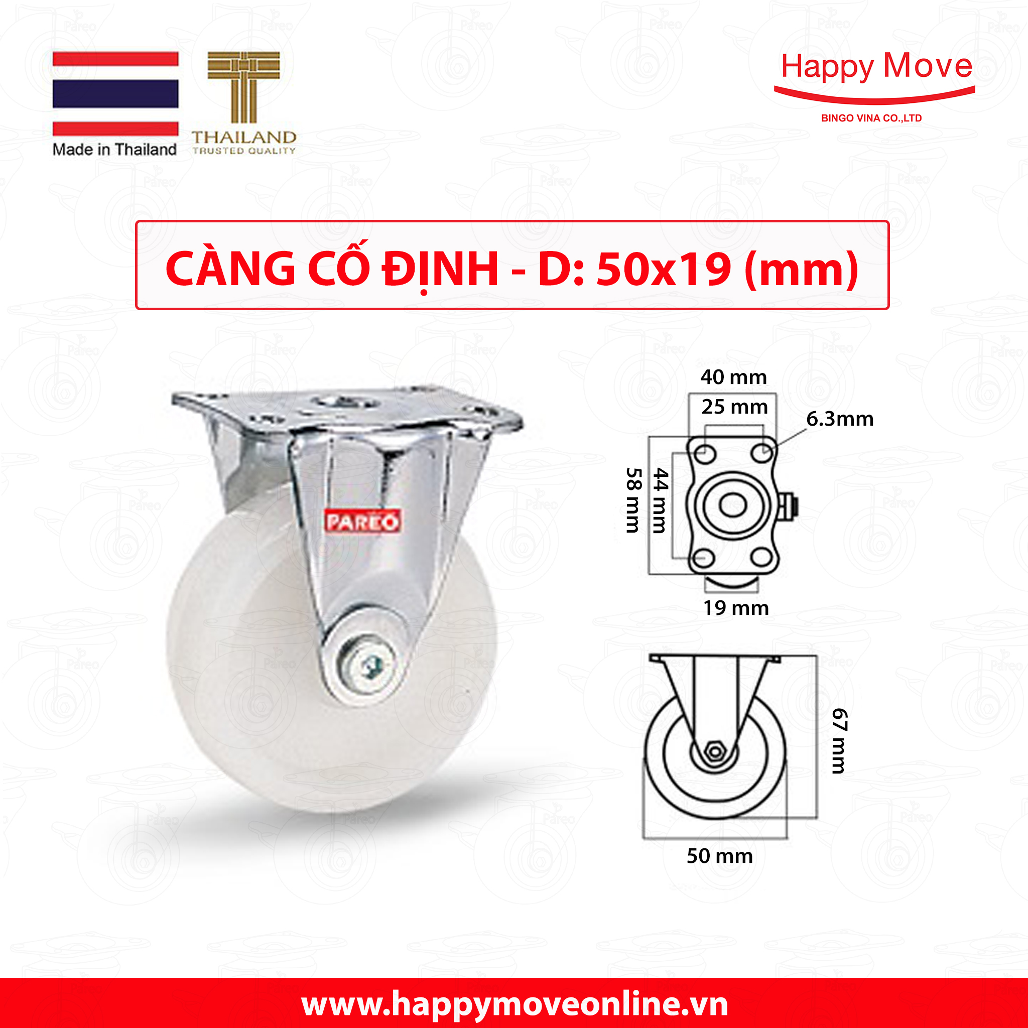 Bánh xe đẩy nylon tải nhẹ càng cố định - 50-65-75mm - Happy Move Thái Lan