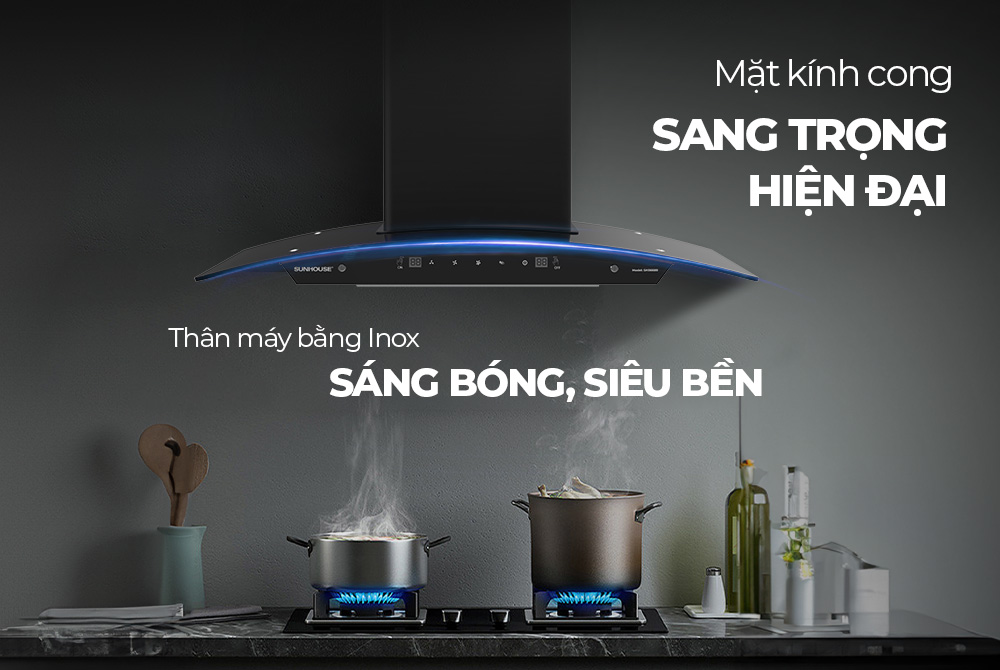 Máy hút mùi kính cong Sunhouse SHB6689, Công suất 132W, Vỏ inox sơn tĩnh điện, Điều khiển bằng cử chỉ thông minh, Tự động làm sạch Auto-clean, Hàng chính hãng - Bảo hành 18 tháng tại nhà