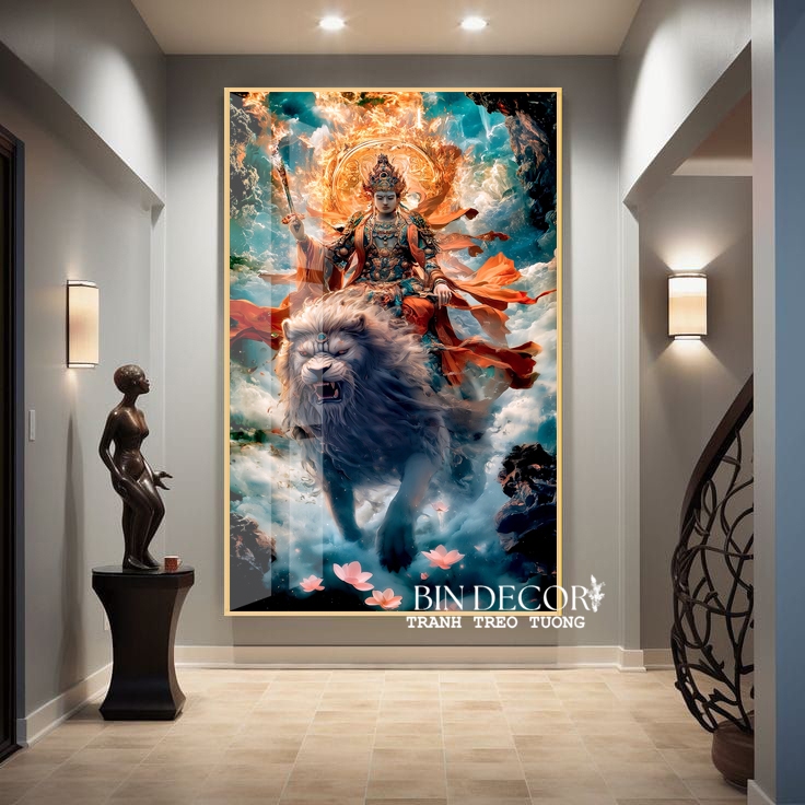 (ẢNH CHỤP) Tranh treo tường tráng gương văn thù sư lợi bồ tát trang trí decor sẵn đinh