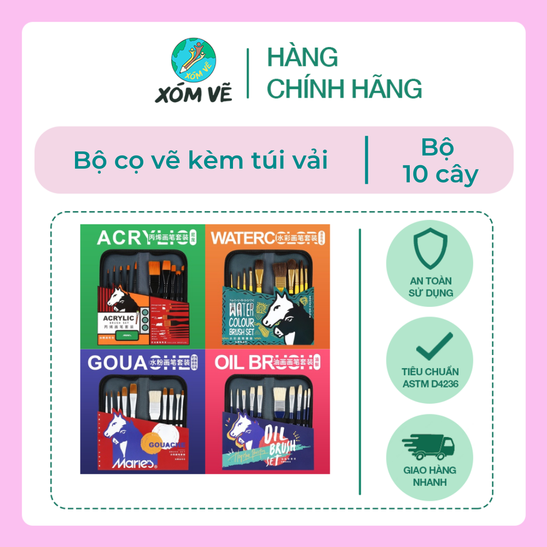 Bộ 10 cây cọ vẽ màu gouache/ màu nước/ màu acrylic/ màu sơn dầu kèm túi đựng cao cấp