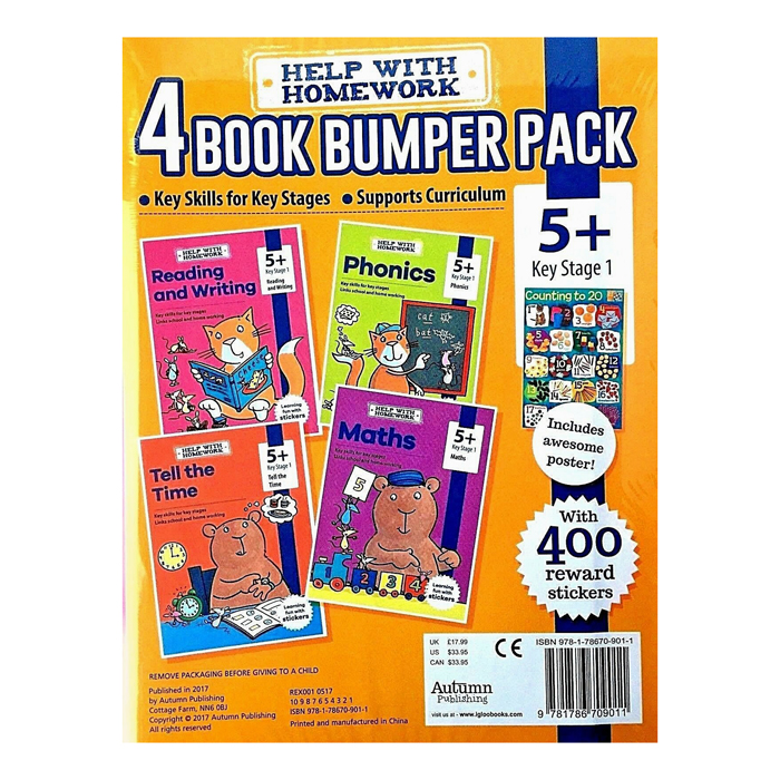 Help With HomeWork - 4 Book Bumper Pack  : Maths , Phonics , Reading and Writing and Tell the Time (Ages 5+) (Includes Awesome Poster)