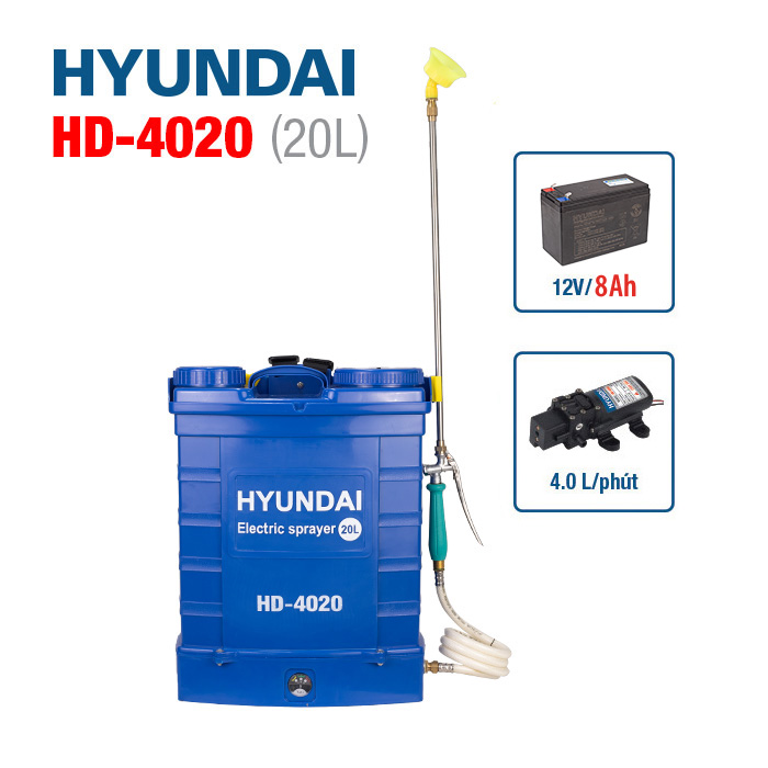 Bình xịt điện HYUNDAI HD-4020 | Dung tích 20L | Ắc quy 8AH | Bơm đôi HD-4080 | Áp lực phun 80PSI
