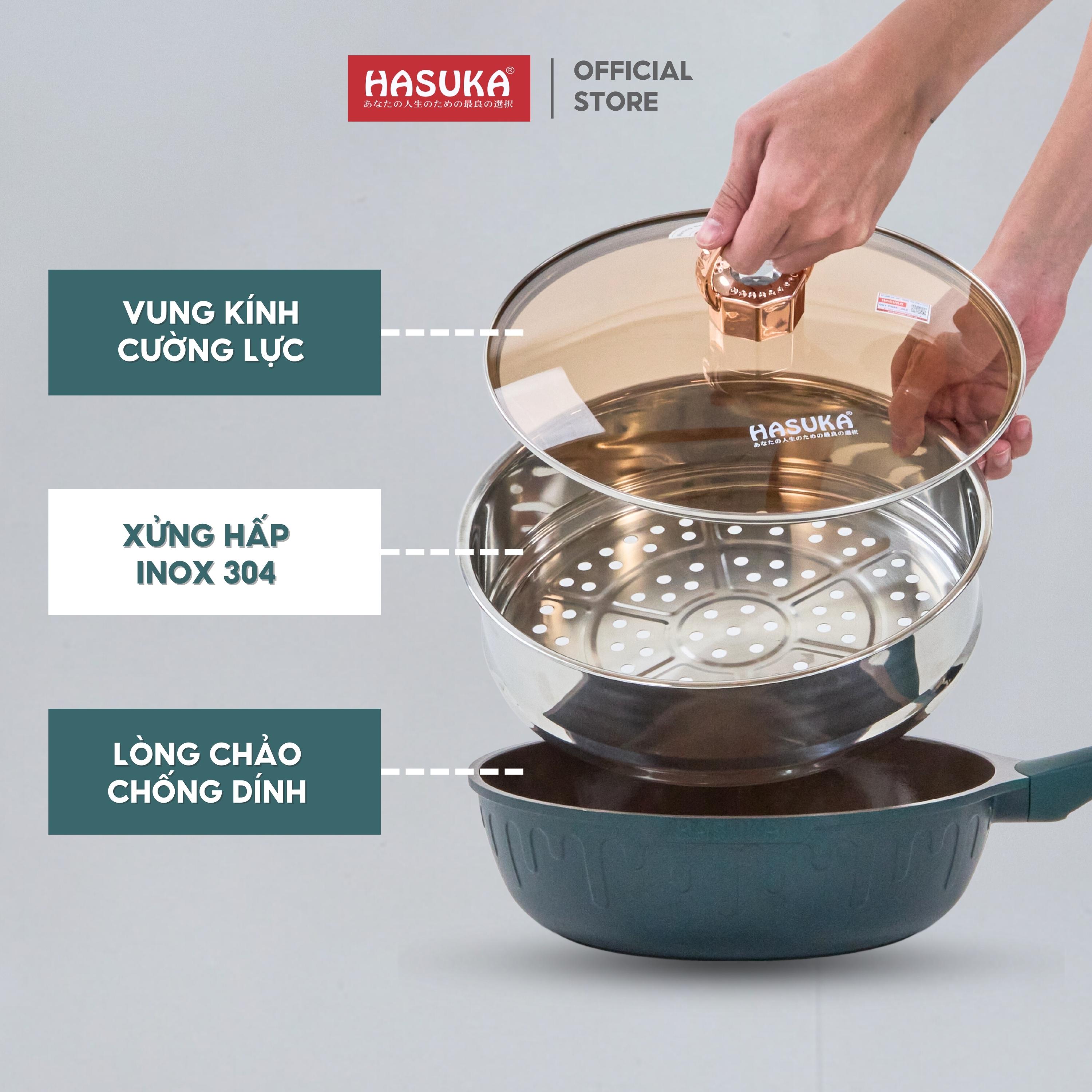 Chảo chống dính cao cấp HASUKA HSK-368CR- kèm xửng hấp inox, thiết kế cách điệu sang trọng, dùng được trên mọi loại bếp
