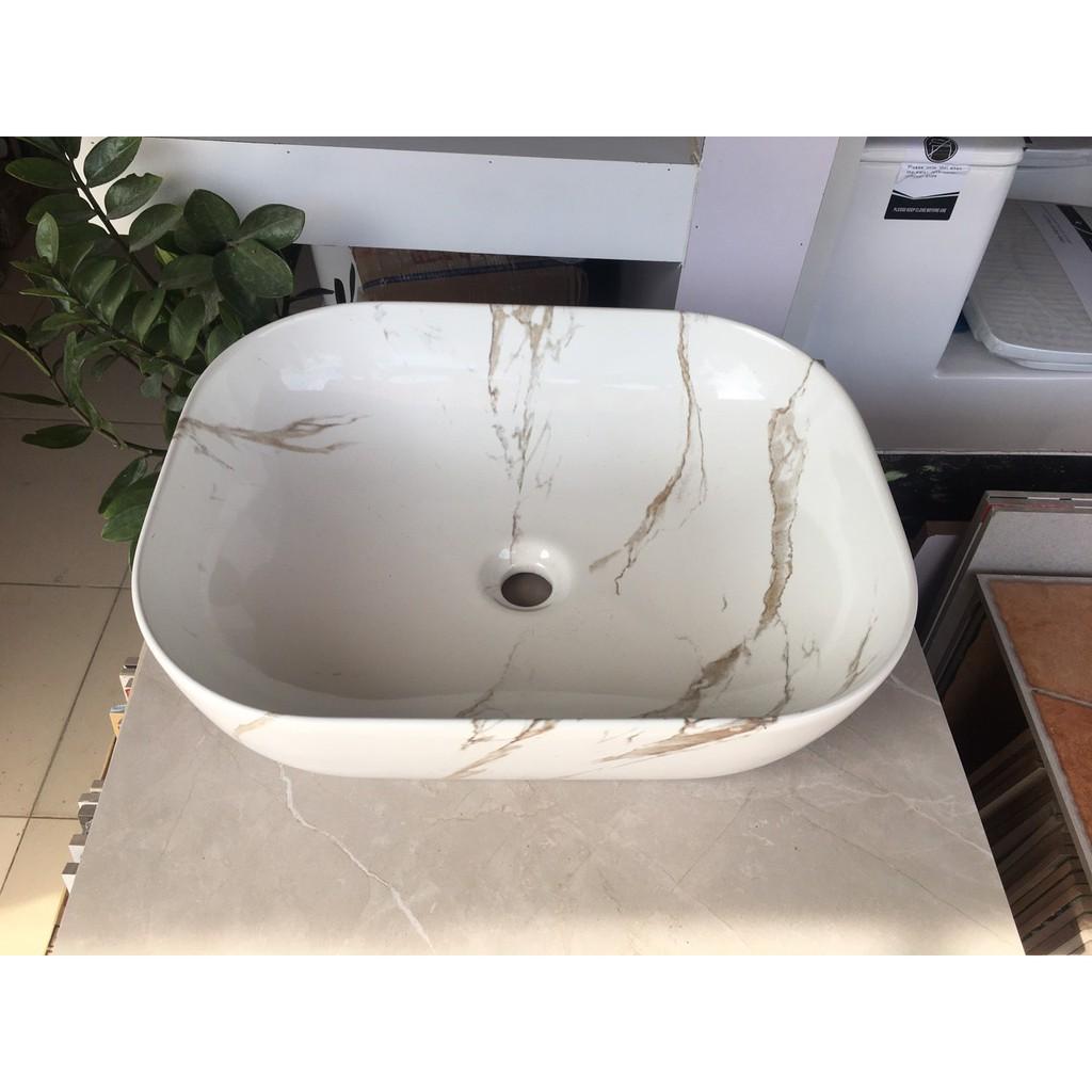 Chậu lavabo rửa mặt đặt bàn đá vuông bo tròn cạnh, viền mỏng vân khói marble