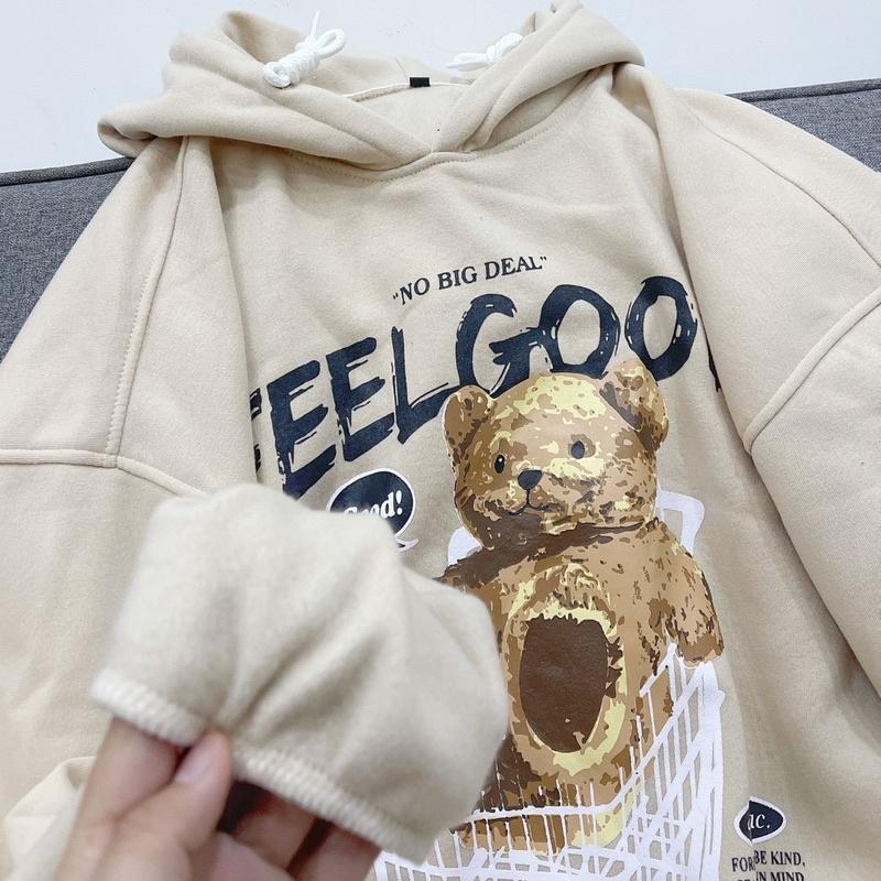 Áo hoodie gấu màu đen + kem ảnh thật unisex