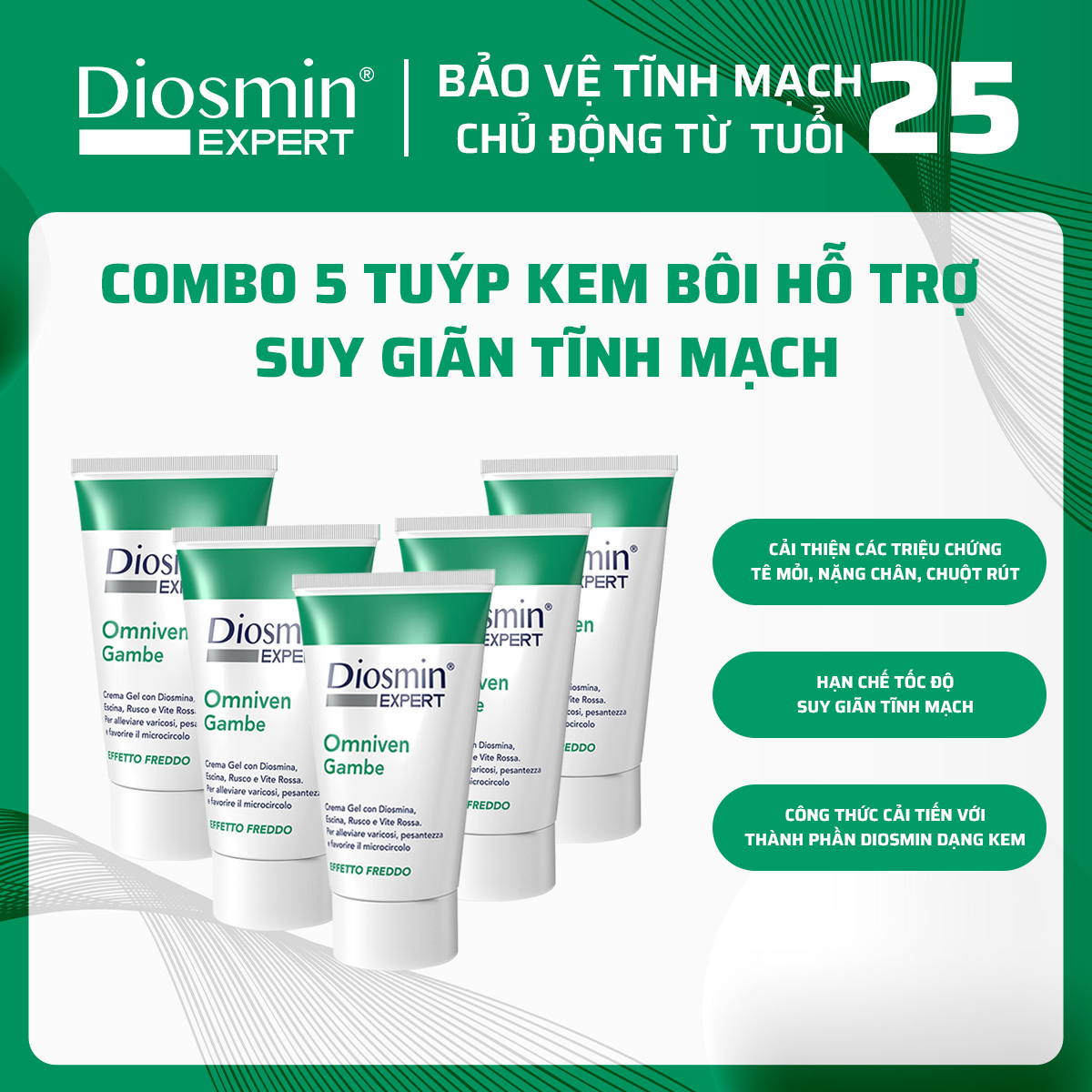 Combo 5 Kem bôi suy giãn tĩnh mạch Diosmin Expert