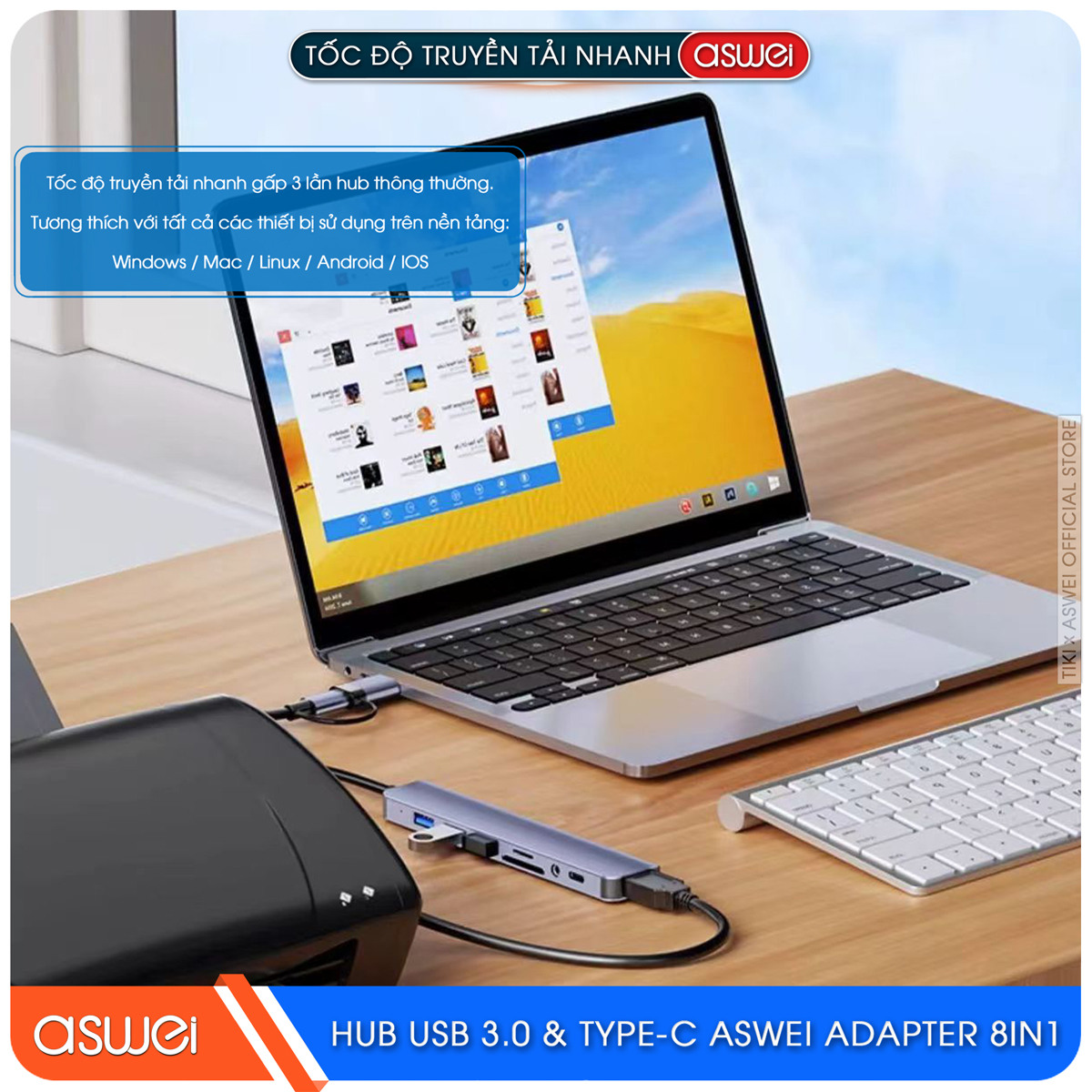 Hub Type C Và Hub USB ASWEI 8 in 1 To USB 3.0, SD, TF, USB C, Audio 3.5 - Hàng Chính Hãng