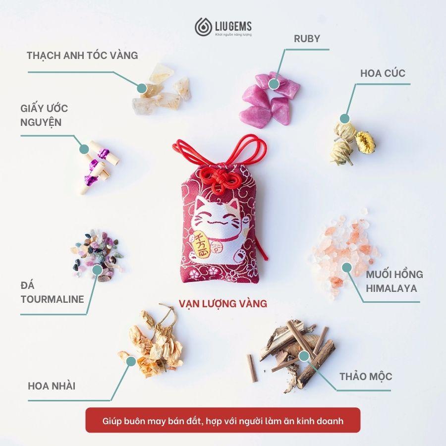 Túi Phước May Mắn Omamori Liugems Đeo Bên Người, Mix Đá, Thảo Mộc, Muối Hồng Himalaya Mang Tài Lộc, Tình Yêu