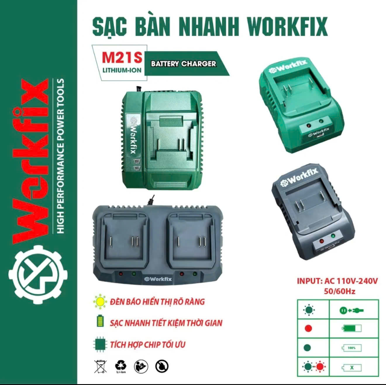 Sạc máy khoan - máy siết bulong - máy bắt vít - Workfik chân sạc phổ thông, sạc nhanh 2.0A - 3.0A - Sạc Đôi 2.5Ax2