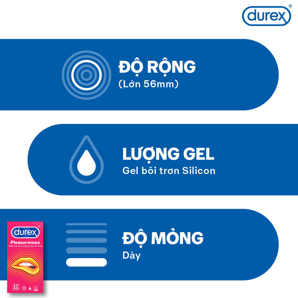 Bộ 2 hộp bao cao su Durex Pleasuremax gân gai, size 56mm, 12 bao/hộp