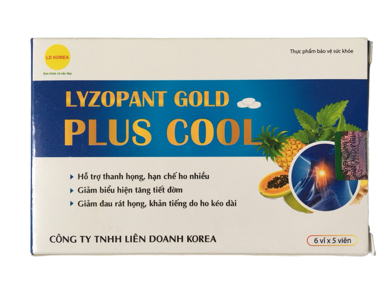 Viên ngậm giảm ho "Lyzopant Gold Plus Cool" (hộp/30 viên) hỗ trợ thanh họng, hạn chế ho nhiều, giảm biểu hiện tăng tiết đờm, giảm đau rát họng, khản tiếng do ho kéo dài.