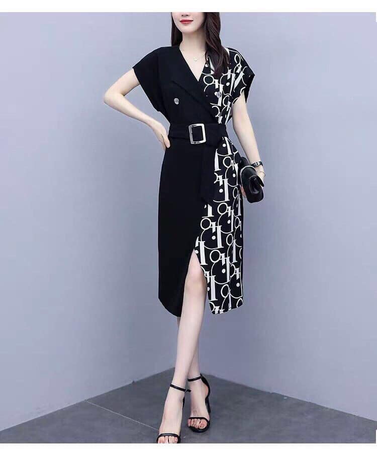ĐẦM LỤA PHỐI HỌA TIẾT KÈM THẮT LƯNG