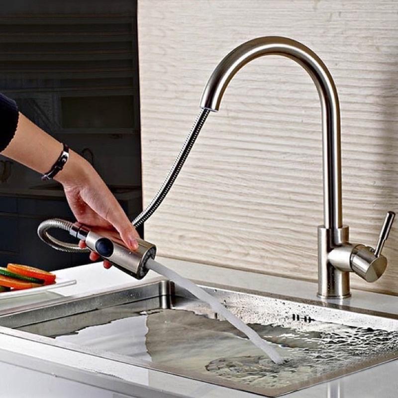 Vòi rửa chén nóng lạnh có dây kéo rút inox 304 + tặng cặp dây cấp nước nóng lạnh