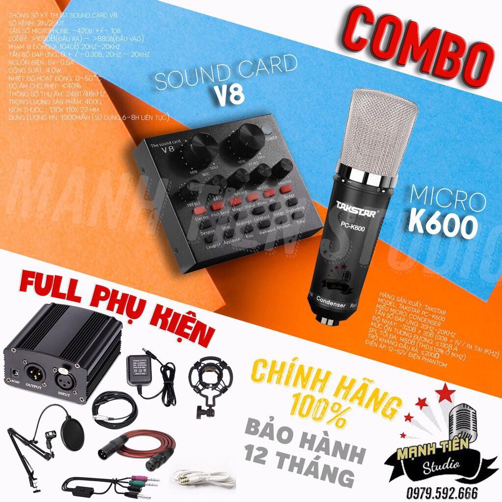 Trọn bộ micro thu âm takstar k600 + soundcard v8 kèm phụ kiện