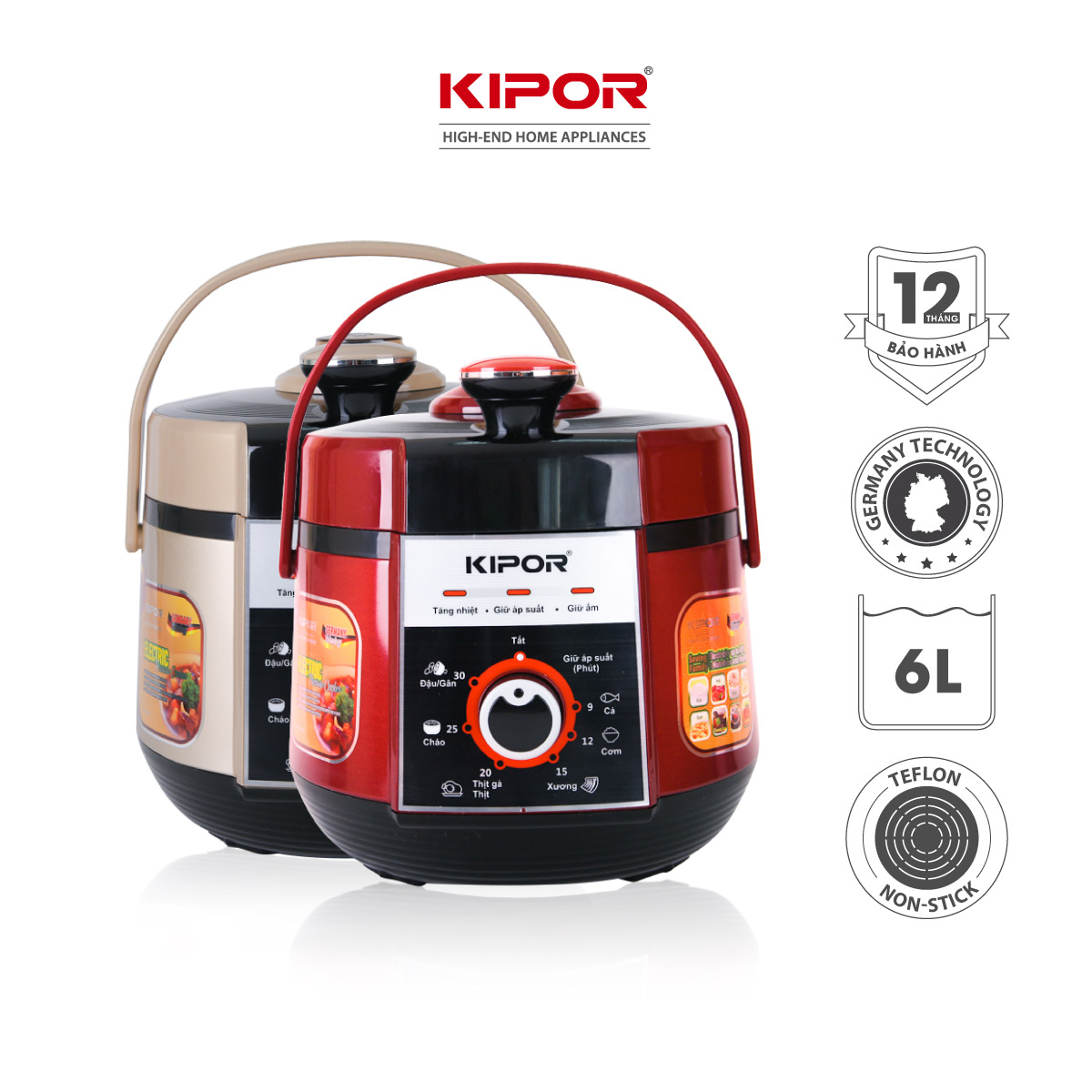 Nồi áp suất điện KIPOR KP-AS351 - 6L - Điều khiển cơ đa chức năng 7 trong 1 - Lòng nồi 5 lớp chống dính TEFLON - Hàng chính hãng