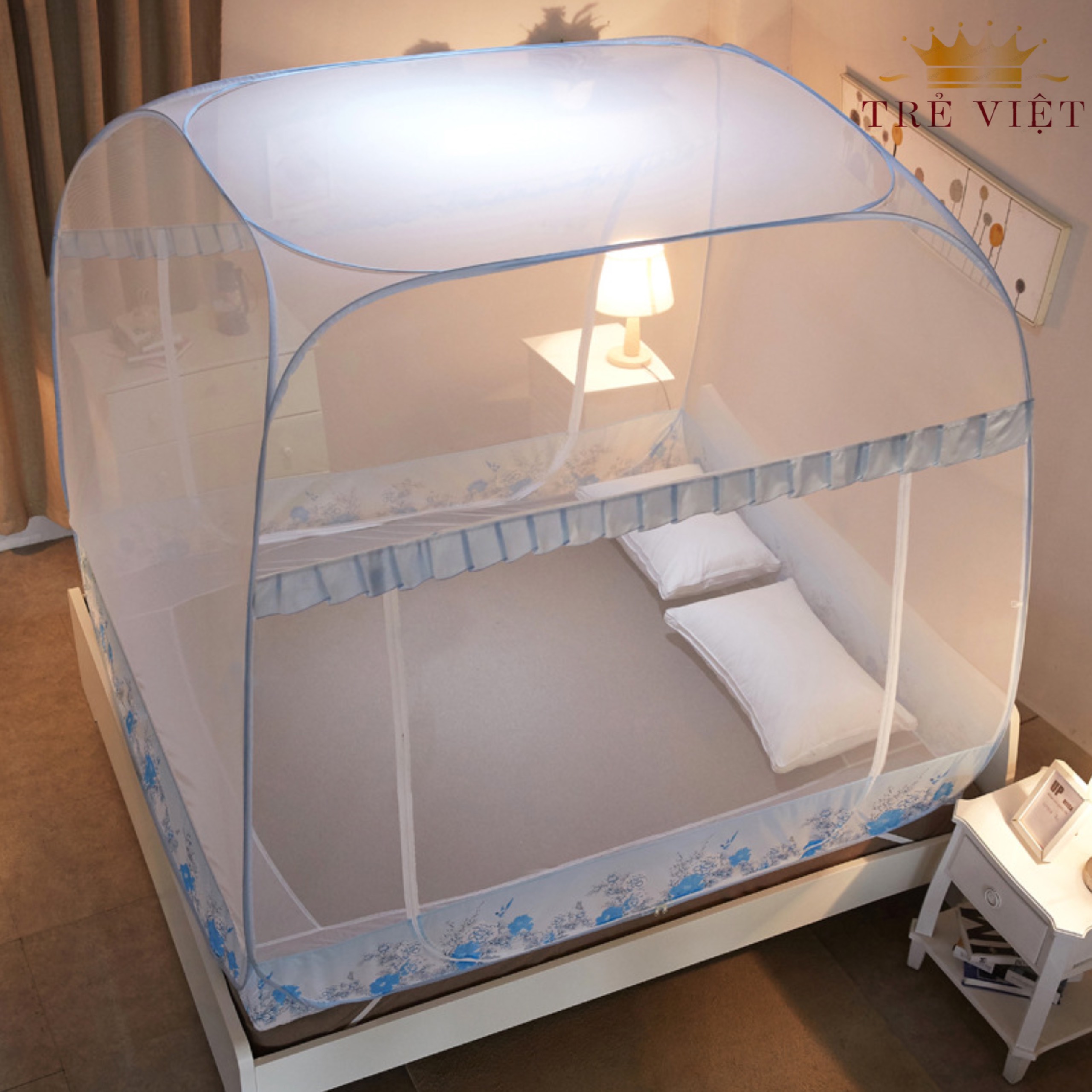 Màn chụp tự bung đỉnh vuông, giá xưởng ️FREESHIP️ hàng việt nam 100% - mùng tự bung cao cấp - Viền Chân Xanh