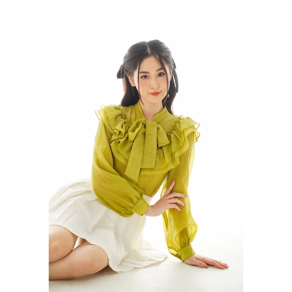 Áo kiểu Méo shop dài tay cổ nơ tay bồng nhún dáng xuông phong cách Hàn Simon