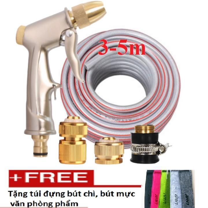 ️ Bộ dây vòi xịt nước rửa xe, tưới cây loại 3m, 5m 206701-1 đầu đồng, cút đồng,nối đồng+ tặng túi đựng bút