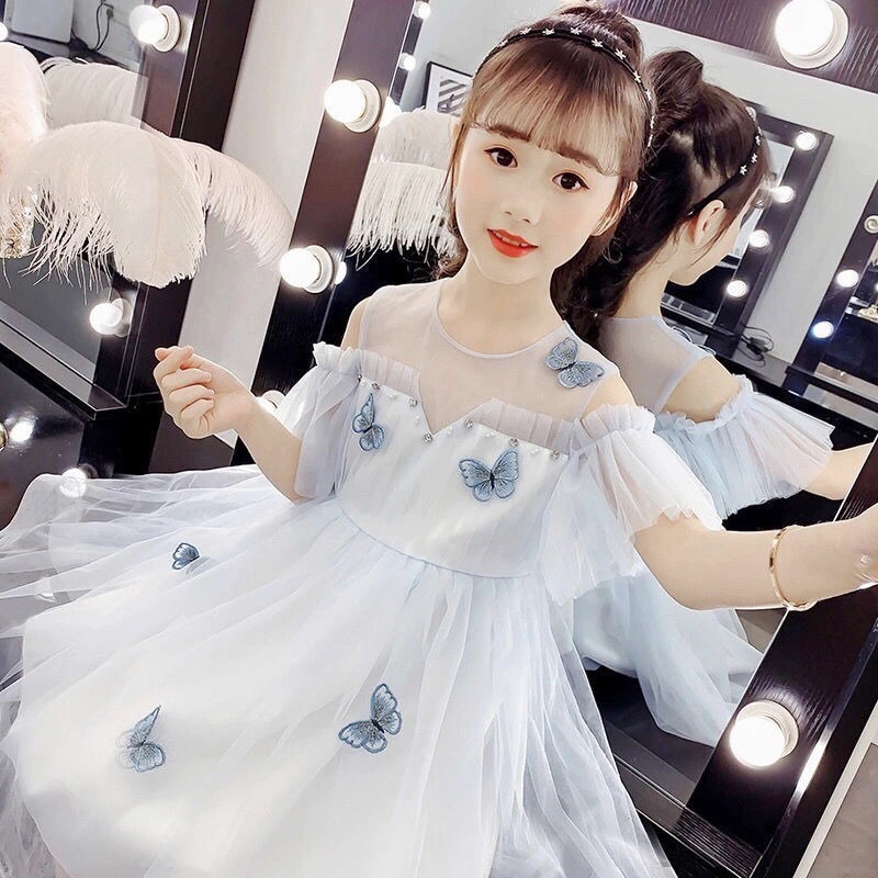 Váy đầm trẻ em phong cách dễ thương, hiện đại, hoạ tiết bướm xanh