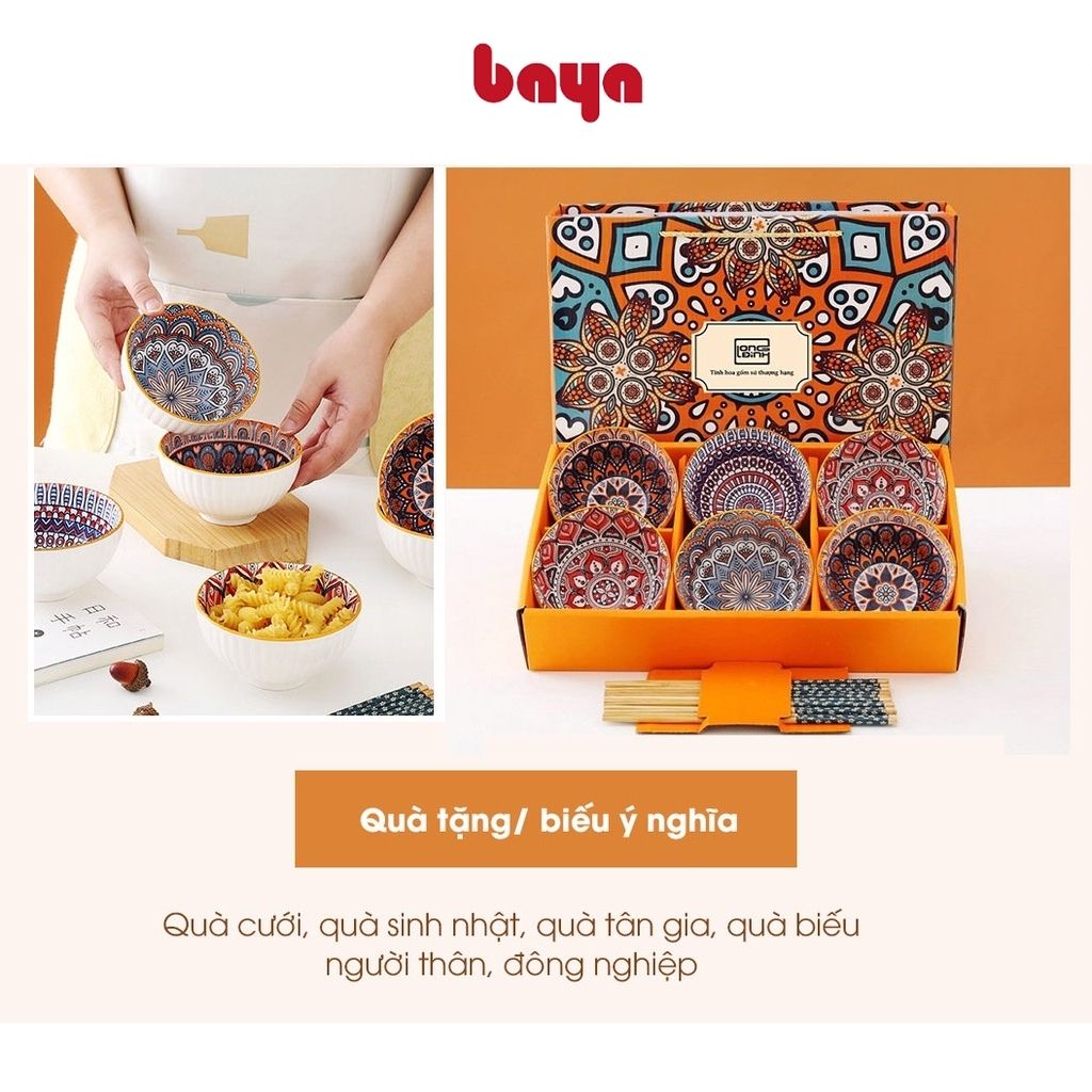 Bộ bát gốm kèm đũa BAYA SUN FLOWER tặng hộp đựng quà sang trọng, họa tiết thổ cẩm cao cấp 7300174, 7300172, 7300173