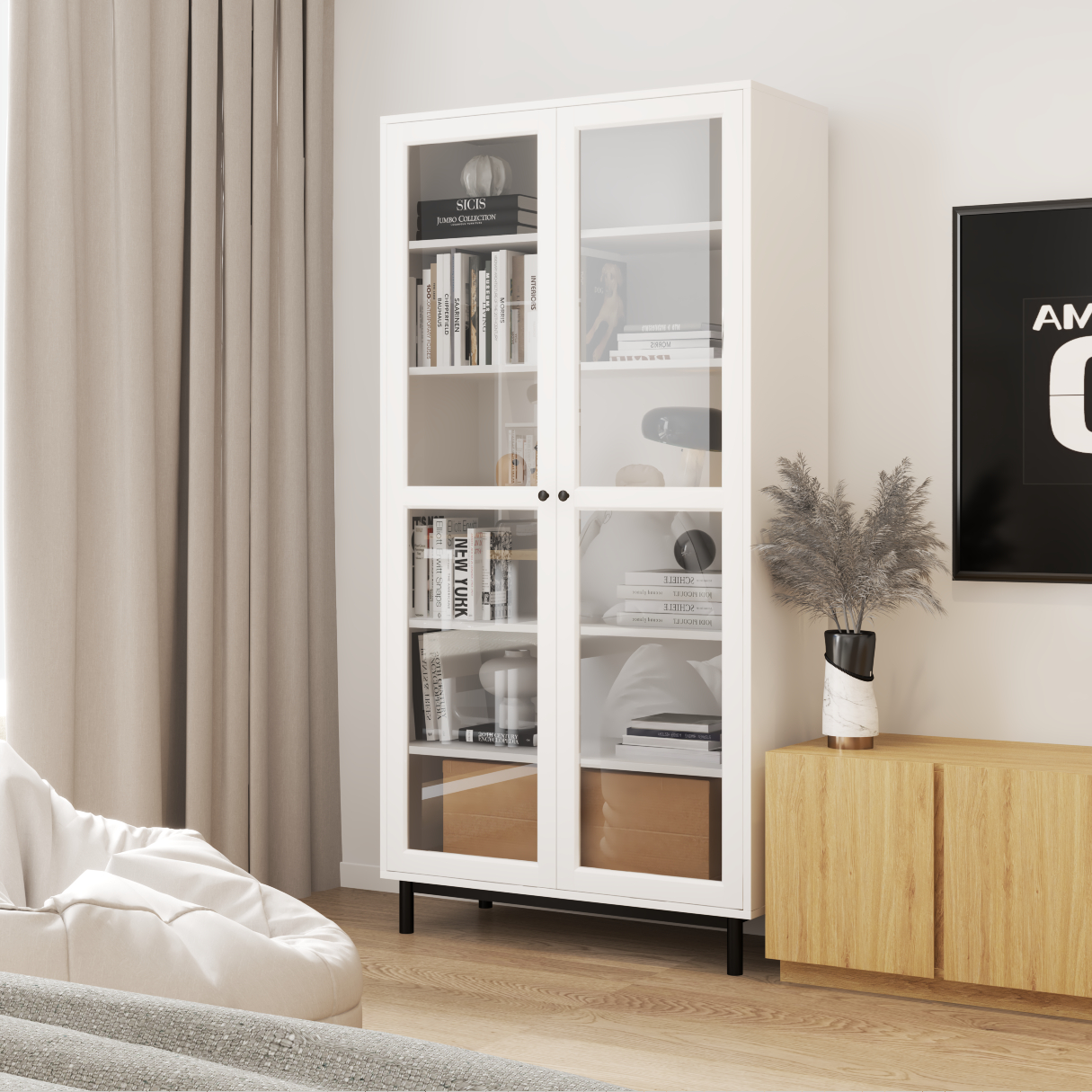 CATY , Kệ sách 6 tầng cửa kính - chân sắt , 90cm x 39cm x 180cm , KSA_021