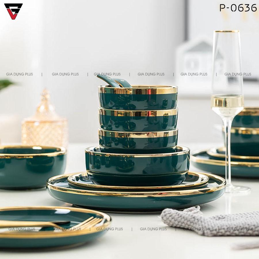 Bộ Chén Bát Đĩa Xanh Ngọc Lục Bảo Viền Vàng Phong Cách Bắc Âu Sang Trọng