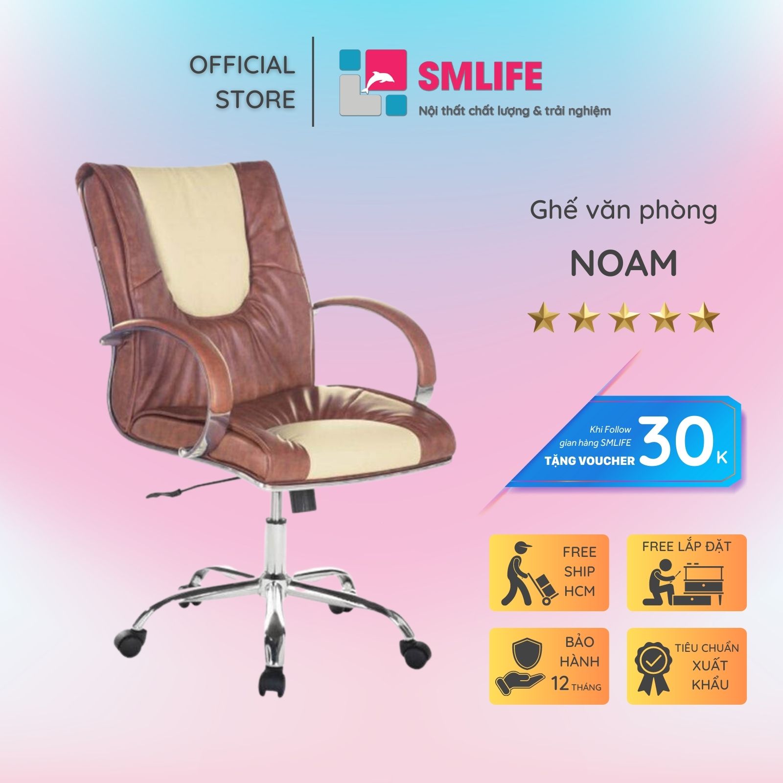 Ghế văn phòng chân xoay lưng trung bọc da SMLIFE Noam